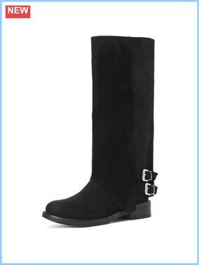 Faux Suede Knee High Boots Flat Fold Over Round Toe Tall Boots Comfort Fall